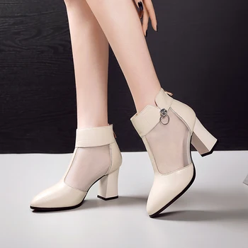 

Leather Breathable Mesh Cool Boots Summer Sexy High Heels Boots Women genuine leather Pointed Hollow Sandals large size 41 42