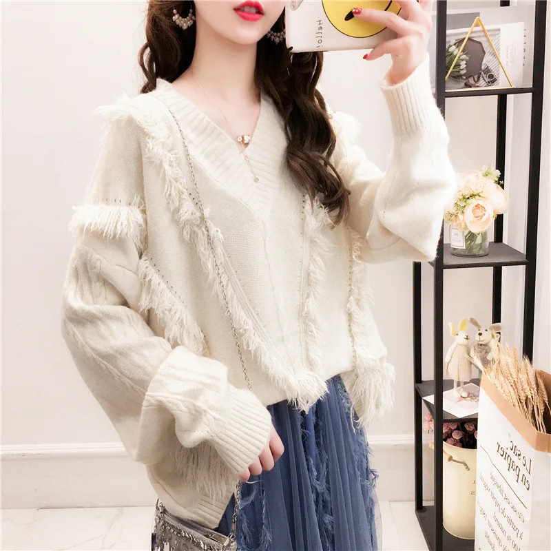 Autumn and winter 2019 new loose show thin foreign style top bottoming knitwear temperament V-Neck Sweater