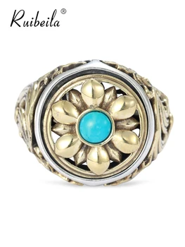 

Ruibeila925 argent atmosphère motif turquoise anneau ouvert hommes et femmes mode taille réglable fleur anneau rotatif