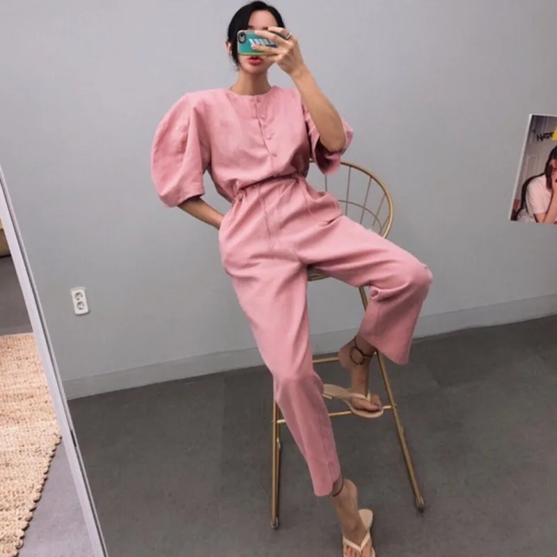 

[EWQ] 2019 Spring Autumn Round Collar Half Sleeve Solid Patchwork Single Breasted Japan Style Jumpsuits Women Fashion Tide AH298