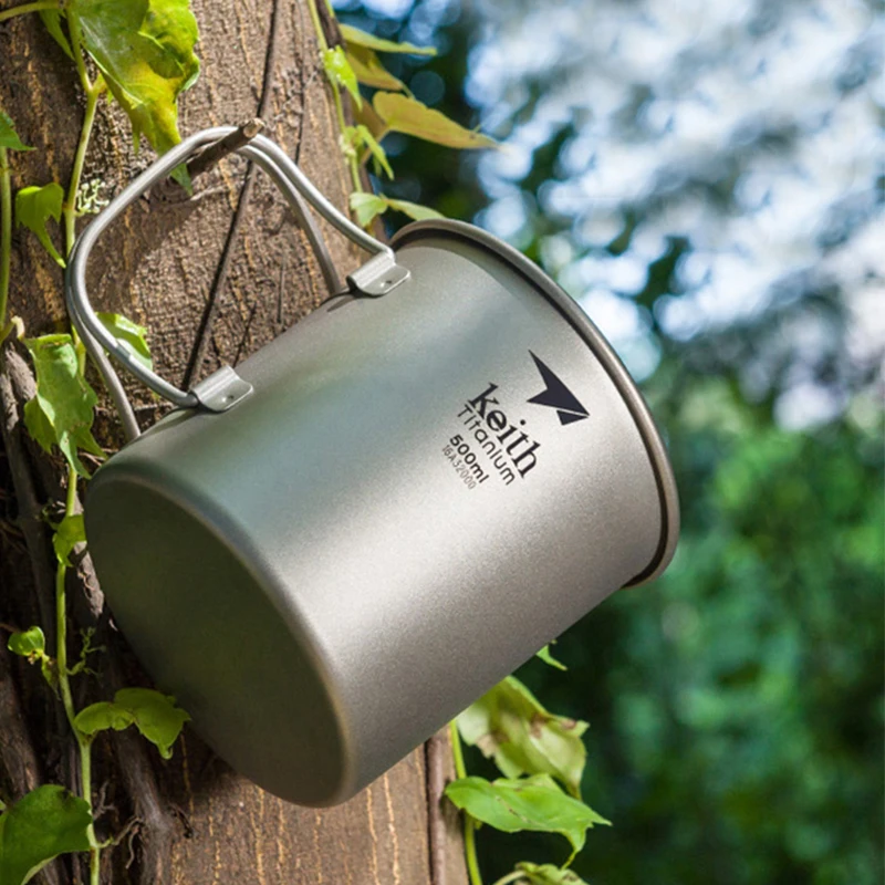 500ml Titanium Mug Portable Outdoor Camping Cup Hiking Travel Cup Foldable Handle Single-layer Water Cup With Lids Ti3205