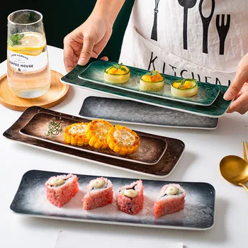 

Japanese Stone Pattern Ceramic Strip Sushi Cuisine Plate Simple Home Western Food Dish Plate Hotel Restaurant Kitchen Tableware