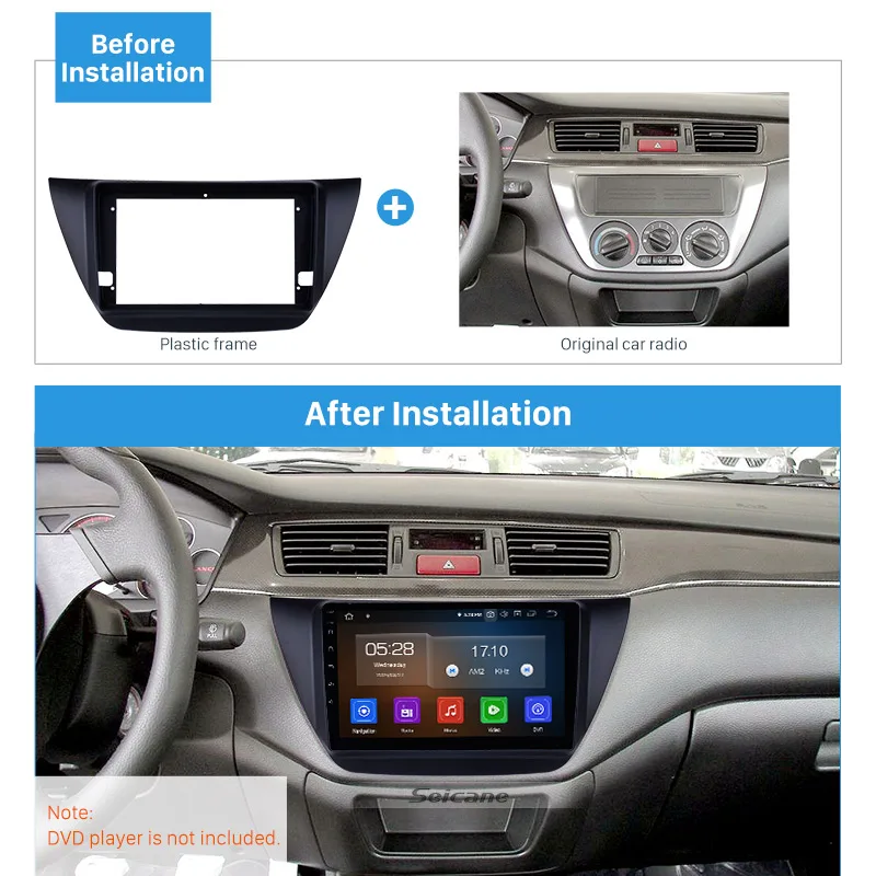 

Seicane Car Radio Fascia Stereo 9 inch Cover for MITSUBISHI LANCER IX 2006 Frame Dash Mount Kit Trim Panel Double Din NO GAP