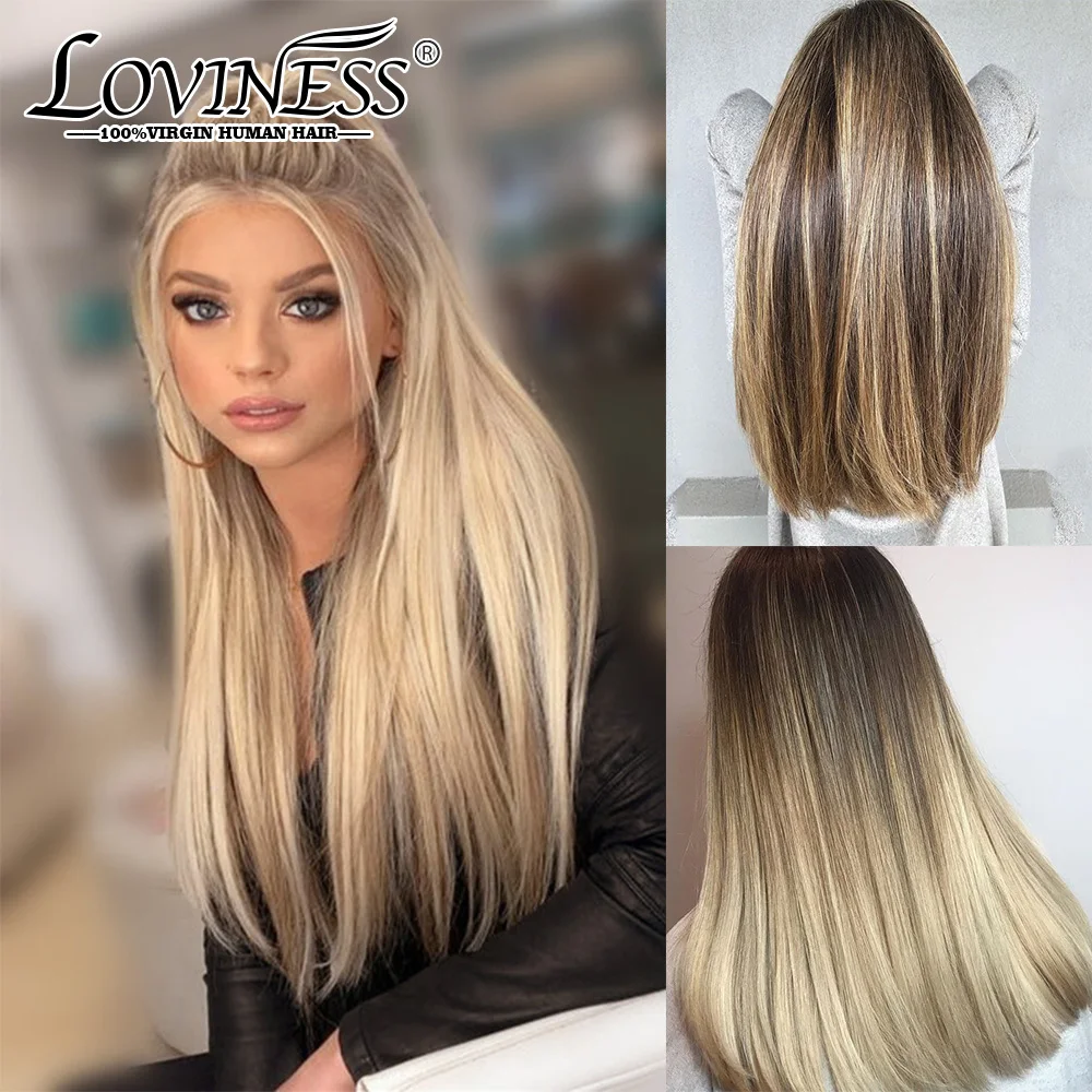 Peluca de cabello humano liso con encaje frontal para mujeres, pelo brasileño virgen Remy ombré predespuntado, color Balayage, rubio miel, negro