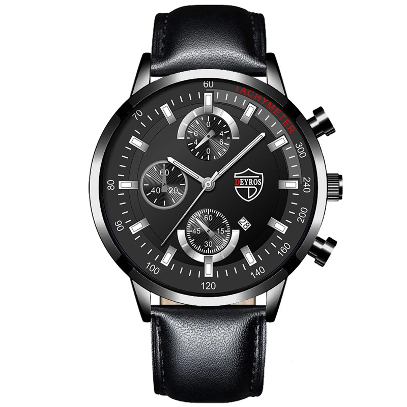 Luxury Mens Leather Watches Stainless Steel Fashion Calendar Quartz Wrist Watch Leather Bracelet Male Business Luminous Clock 