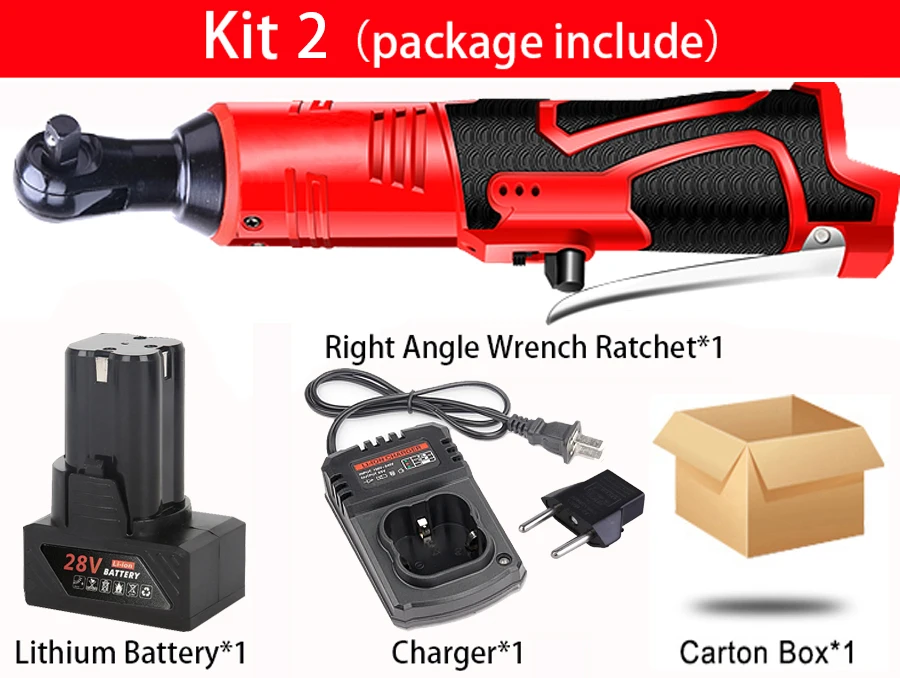 12 V/28 V литиевая батарея Перезаряжаемые 3/8 ''электрический ключ, дюймовый стандарт Портативный ключ с храповым механизмом 90 градусов Мощность инструмент гаечный Быстрый Зарядное устройство