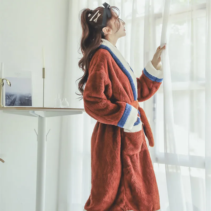 Winter Women Nightgown Three-color Mosaic Coral Velvet Female Long Section Thickening Soft Velvet Pajamas Warm Home Service