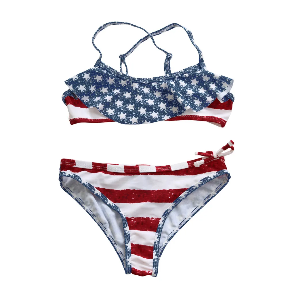 

Pa meng Childrenswear Bikini Printed Cross Camisole Chest Stripes Flounced Split Type Swimwear TZ410002