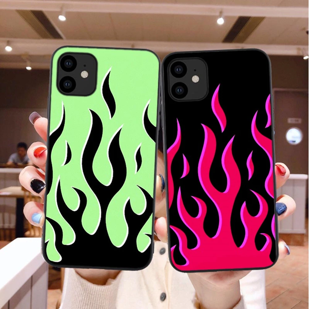 Cool Green Flame Black Soft Phone Case For Iphones 11 Se 5s 6 6s 7 8 Plus X Xs Max Xr 12 Pro Max Red Flames Silicone Cover Phone Case Covers Aliexpress