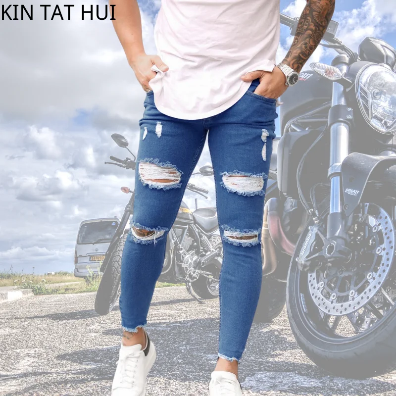 Pantalones largos de tubo rasgados para hombre, Jeans ajustados con agujeros de primavera, pantalones vaqueros ajustados para hombre, moda de Hip-hop, ropa 2021