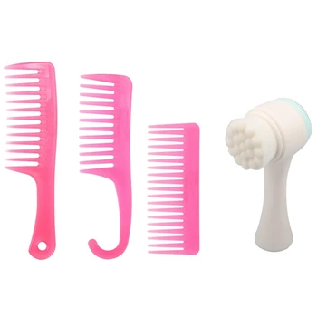 

1 Pcs Face Wash Brushes Soft Silicone Facial Brush Cleanser & 3 Pcs Large Wide Tooth Combs Of Hook Hair Loss Comb