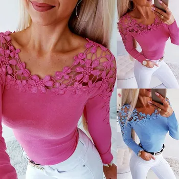 

Women Shirts Patchwork Hollow Out Design Lace Long Sleeve Decor See Through O-Neck Solid Top Elegant Lady 2020 Spring Slim Shirt