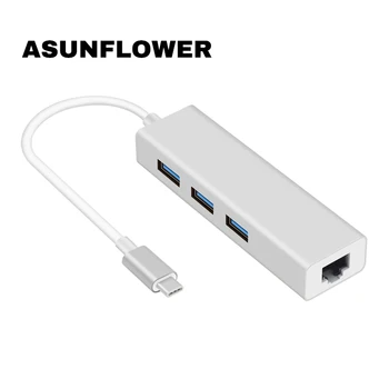 

USB C HUB Splitter Type C To Gigabit Ethernet RJ45 Network Card 10/100/1000 Ethernet Adapter With 3 High Speed USB 3.0 A Port
