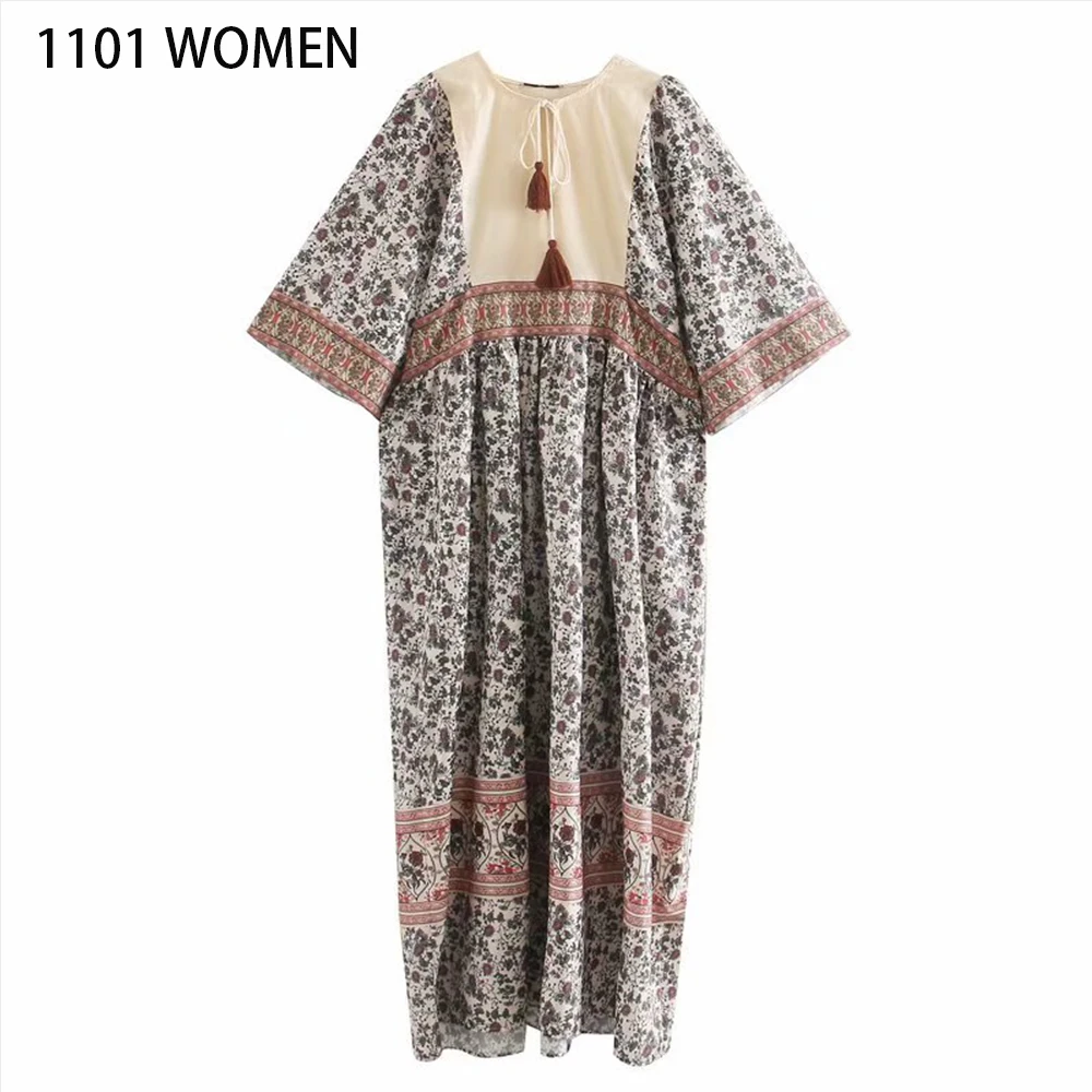 Женское платье до щиколотки повседневное коричневое с принтом полурукавами и