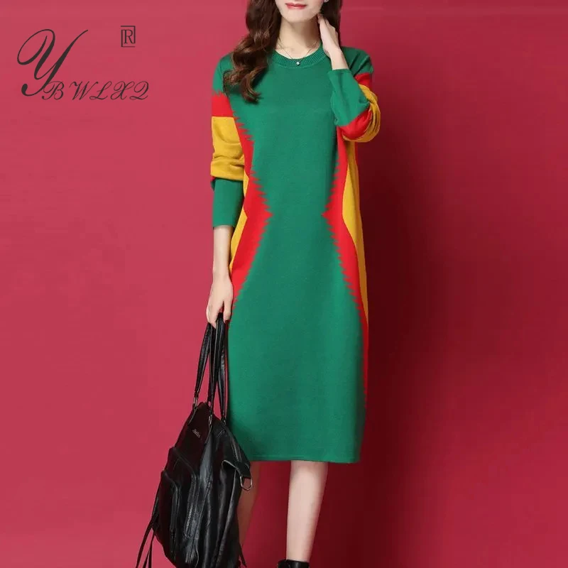 

Long Sweater Women O-Neck Pullover Base Knitted Dress Autumn Winter Loose Straight Color Contrast Warm Soft High Quality Dresses