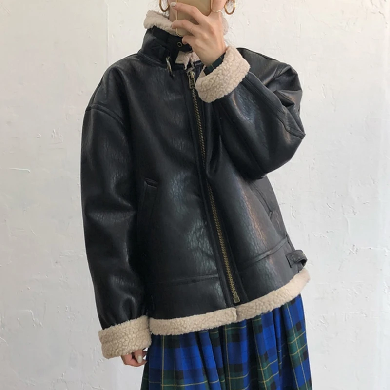 black SHENGPALAE Chic Autumn Winter Coat Handsome Keep Warm Lamb Jacket Leather Loose Coat Korean Fashion Woman Clothing FV683 - Цвет: black