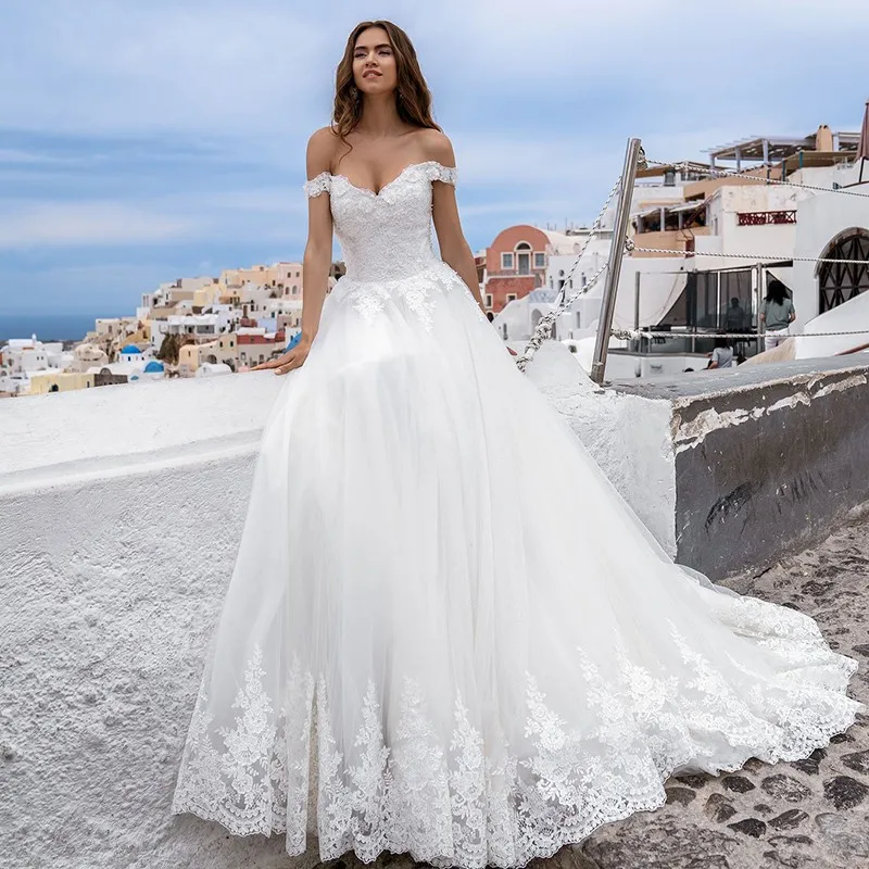 

Eightale Off Shoulder Wedding Gown V-Neck Appliques Lace up Princess Vintage Wedding Dress Beach Bride Dress vetido de novia