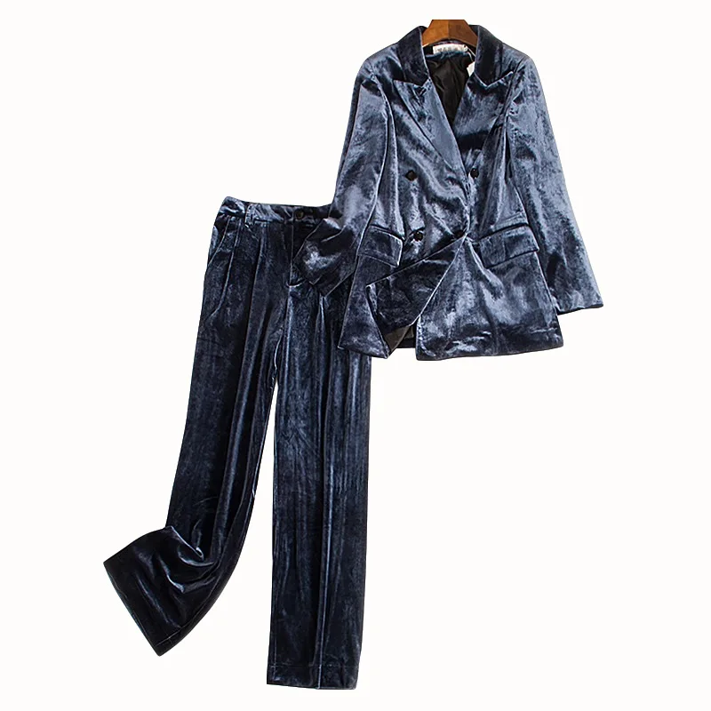 

Spring Autumn 2019 Women Fashion Korean Style Velvet Blazer and Wide Leg Full Length Pants OL One Set