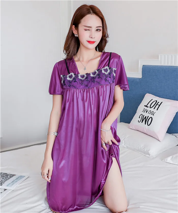 Летнее сексуальное атласное Ночное платье для женщин, большой размер M-4XL, шелковая ночная рубашка, женское кружевное белье, ночная рубашка, A836