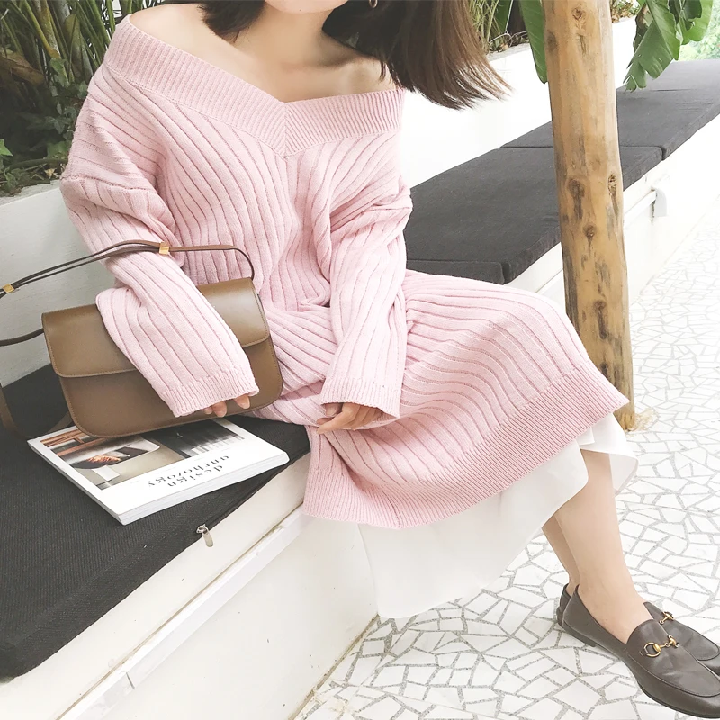 Розовый белый вязаный свитер платье корейский глубокий v-образный вырез свободное платье с открытыми плечами Сексуальная Клубная одежда осенняя одежда