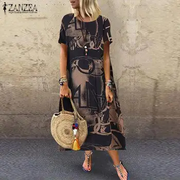 

Women's Print Dress ZANZEA 2020 Retro Summer Sundress Female Short Sleeve Tunic Vestidos Mid-Calf Robe Femme Oversized S-5XL