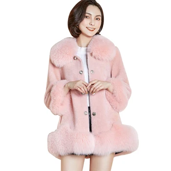 

Real Fur Coat Autumn Winter Jacket Women Clothes Korean Vintage Fox Fur Collar Sheep Shearing Pink 100% Wool Coat ZT1279