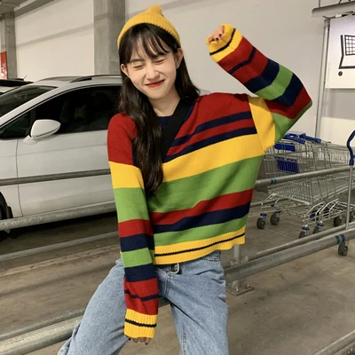 Шикарный милый ретро полосатый свободный свитер женские свитера японский Kawaii Ulzzang женский корейский Harajuku одежда для женщин - Цвет: Зеленый