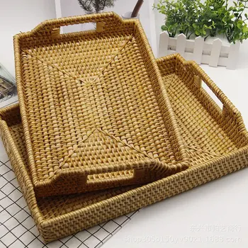 

Japanese Style Hand-Woven Rattan Rectangular Serving Tray with Handle for Breakfast Drinkware Snacking Coffee Table Storage Tray