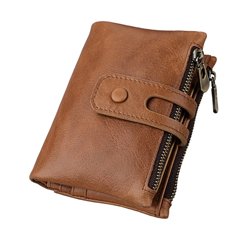 Brown JNKET RFID Противоугонный кошелек-клатч из натуральной кожи мужской кошелек короткий кошелек двойная молния портмоне держатель для карт - Цвет: Brown