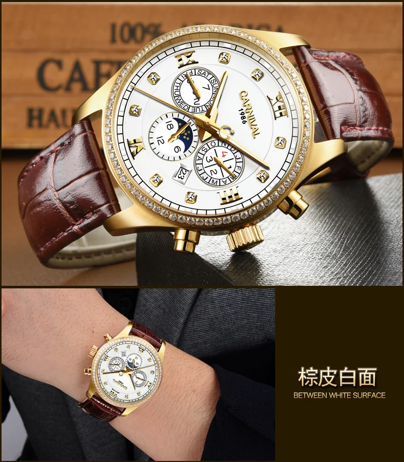 Carnival Brand Luxury Switzerland Waterproof Men Watches Mechanical Watch Men Multi-function Diamond Dial hombre relogio C8734-4