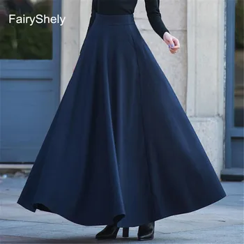 FairyShely 2026 Autumn Winter Retro High Waist Pleated Skirt Women Casual Pocket Woolen Maxi Skirt female Flare Red Long skirt 1