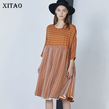 

XITAO 2020 Autumn New Dresses for Women Striped Stitching Mesh Dress Loose Plus Size Wild Long Sleeve Women Clothes DZL1832