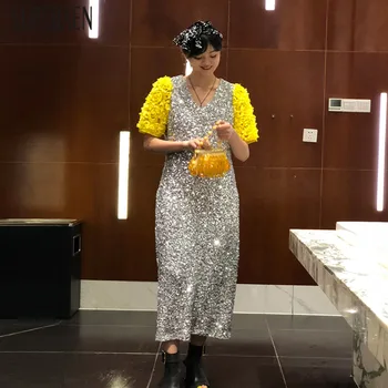 

SuperAen Europe Long Dress Women Sexy Summer New 2020 Ladies Dress Short Sleeve Sequined V Neck Fashion Women Clothing