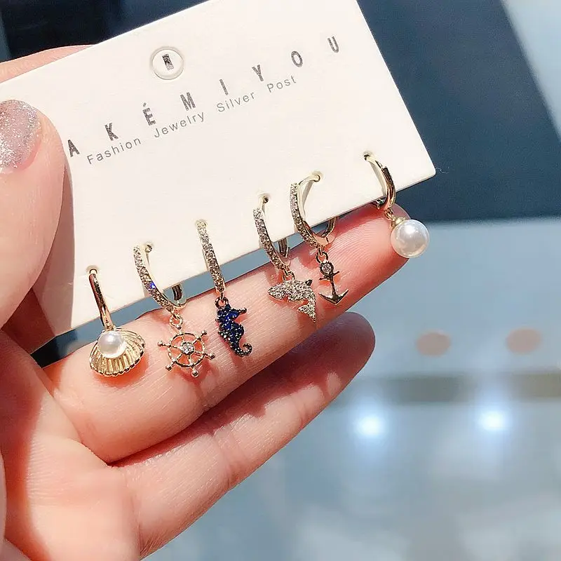 

High-end Designer Marine World Dangle Earrings Set Gold Color Ocean Animal Anchor Cubic Zircon Earrings for Women