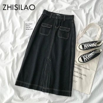 

Denim Skirt Women High Waist Straight Long Skirt Mujer Plus Size Summer 2020 Split Vintage Black A-line Skirt Retro