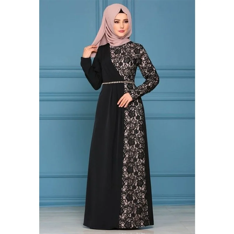 Новое модное арабское Абая мусульманское кружевное платье с длинным рукавом длиной до пола, элегантный кафтан абайя мусульманские исламские длинные платья - Цвет: Черный