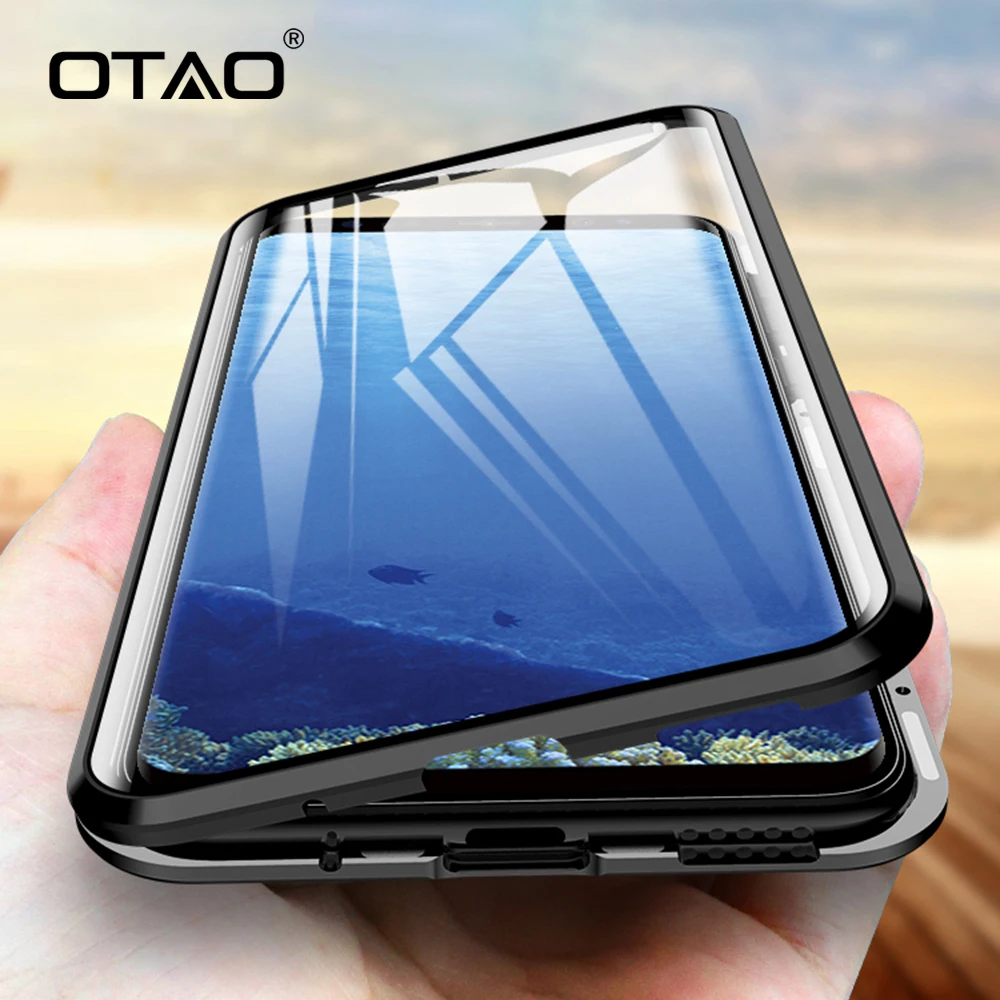 Baratos Funda magnética de Metal OTAO para Samsung Galaxy S9 S8 S10 Plus fundas de vidrio de doble cara para Galaxy Note 8 9 funda de cuerpo completo 360