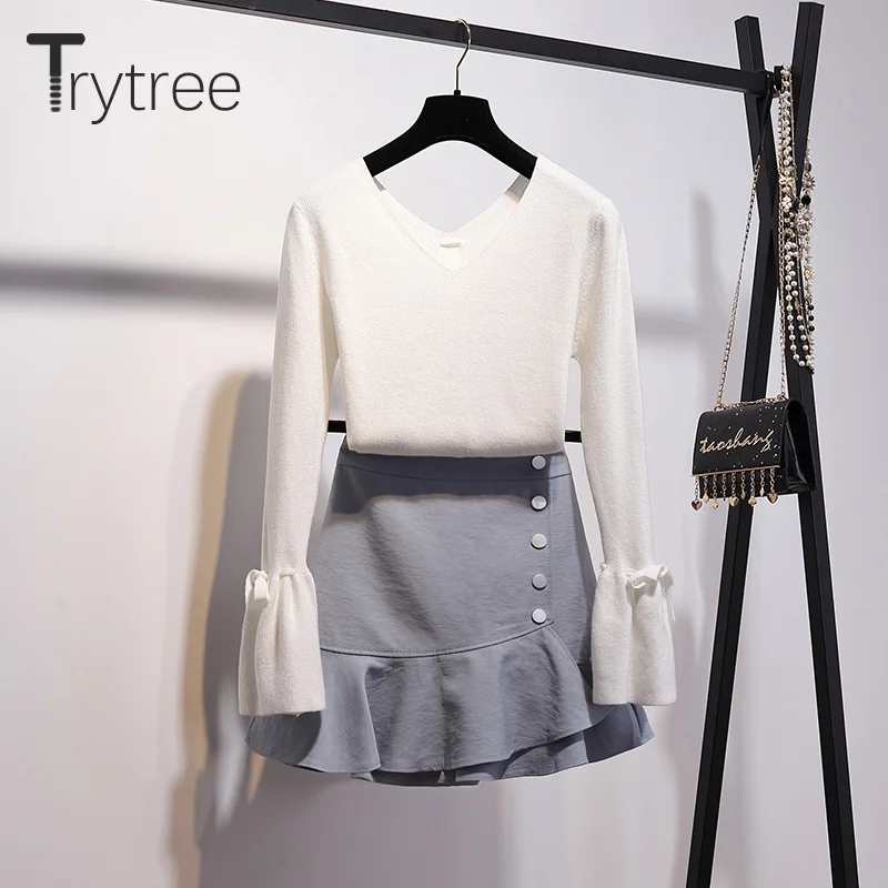 Trytree осень-зима из двух частей комплект Повседневное с v-образным вырезом и расклешенными рукавами вязаный Топ+ юбка с рюшами и бантиком для офисный костюм для дам комплект из 2 частей