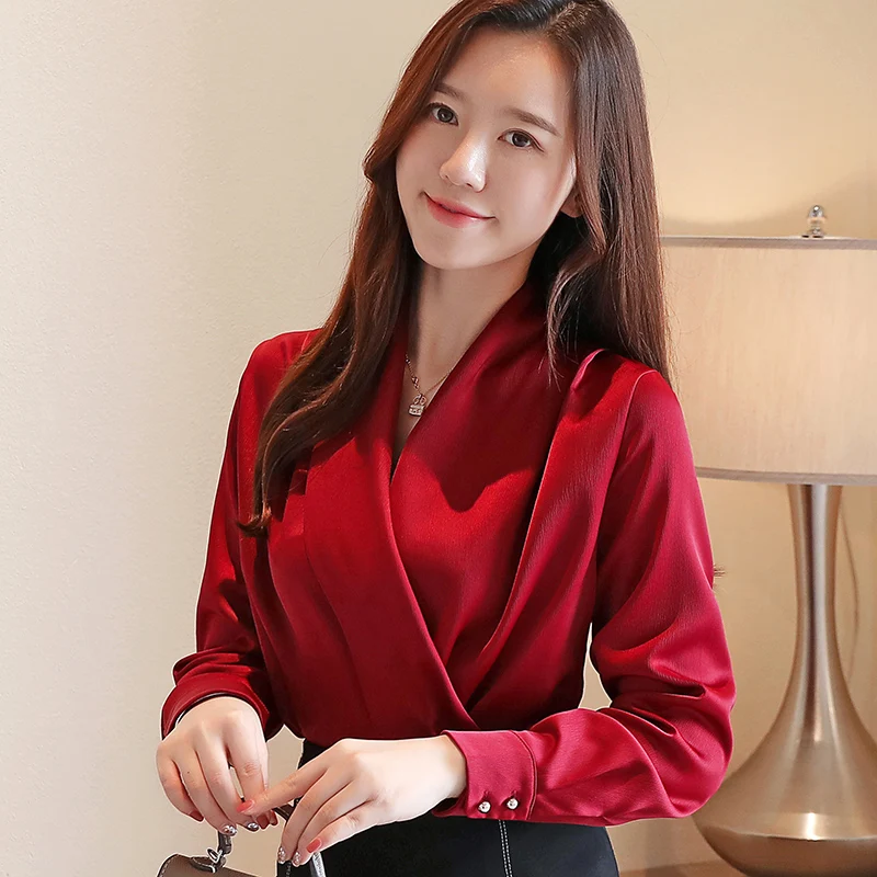 9 colors v-neck slim satin blouse shirt autumn new korean long sleeve wrap blouses OL office ladies white shirt tops - Цвет: wine red