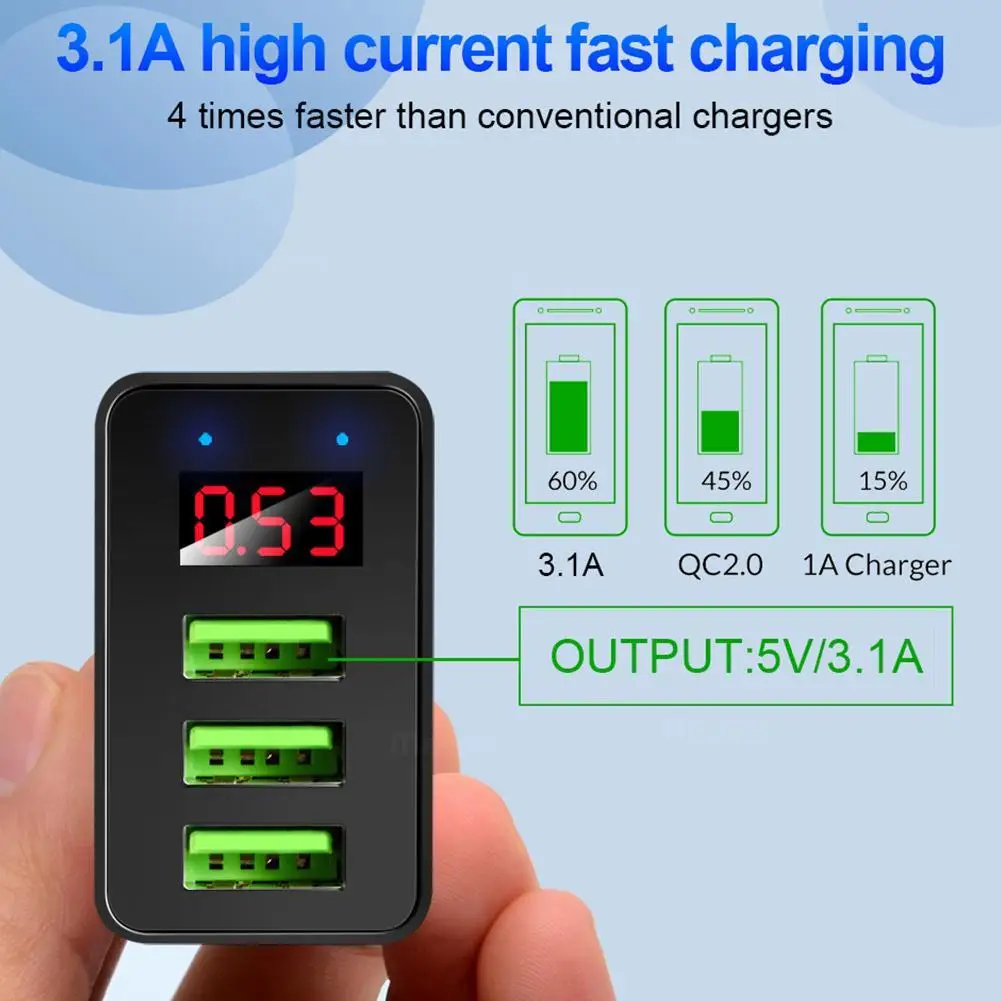 3USB порта зарядное устройство адаптер светодиодный дисплей ЕС вилка Макс 3.0A умная