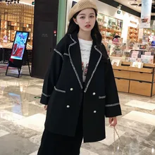 [EWQ] осеннее Новое милое повседневное женское пальто с длинным рукавом в Корейском стиле контрастного двубортного размера плюс черный блейзер QL665