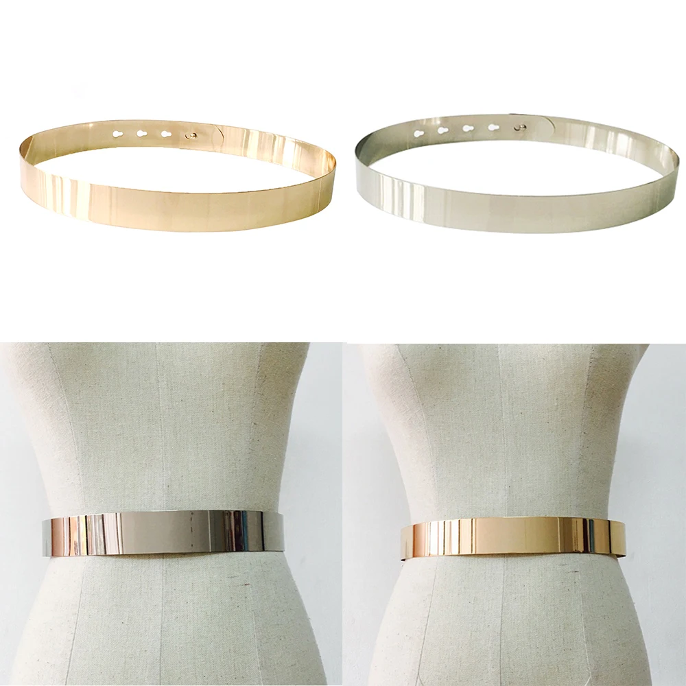 Fashion Women Adjustable Metal Waist Belt Metallic Bling Gold Silver Color Plate Vintage Lady Simple Belts Mirror Waistband