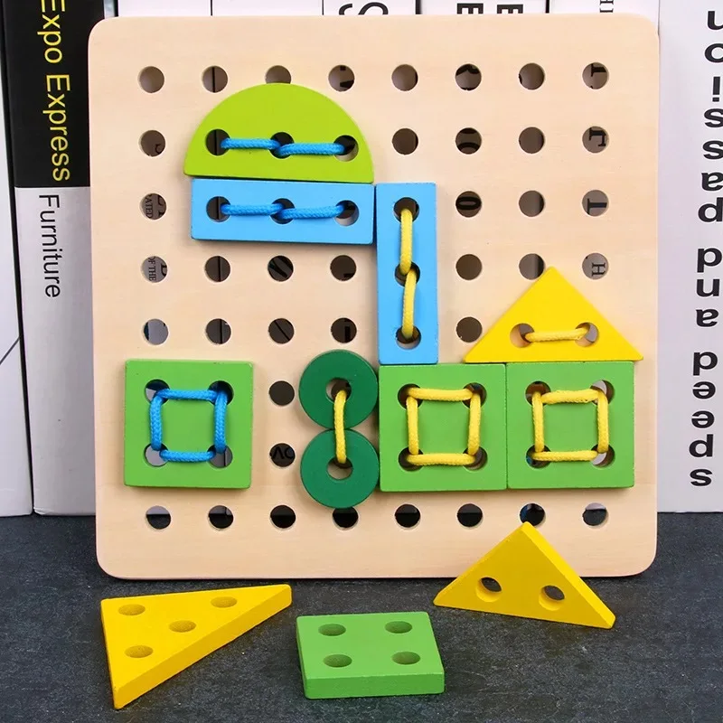 Различные формы DIY ремесла Резьбовая доска для детей деревянная игрушка животные шнуровка струны головоломки шнурки бусины игрушки