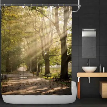 

Park Alley in The Fog Illuminated by The Sun Bathroom Decor Set,094068 with Hooks,36''W x 72''H