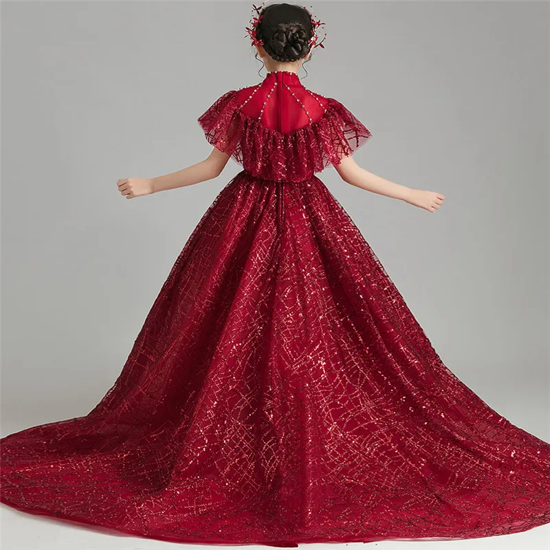 Children Girls Luxury Sequined Wedding Party Evening Birthday Princess Long Tail Dress Baby Kids Piano Pageants Ceremony Dress