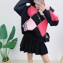 

2021 new college style loose diamond check contrast long sleeve Pullover Sweater women's lazy style