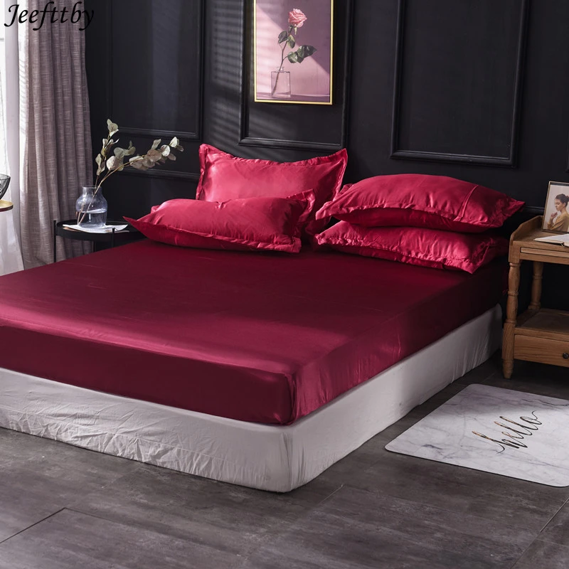 Home Textiles Luxury Satin Fitted Sheet Pillowcase Set Elastic Band Mattress Cover Queen King BedSheet For 3pcs Kids Bedding | Дом и сад