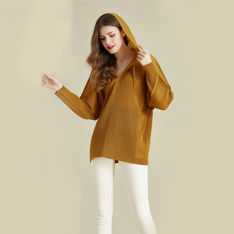 

LANMREM 2019 Fashion Pattern New Pleated Pullovers Sweatshirt Hooded Loose Comfort Long Sleeve Solid Color Leisure Style AD076
