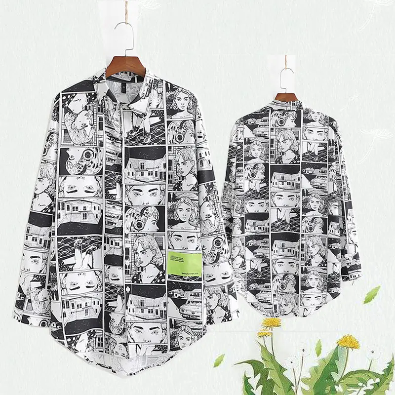 

New Cartoon Print Women Blouses 2019 Spring-Summer Womens Short Front Long Back Graffiti Shirt Ladies Button-fly Chic Tops femme