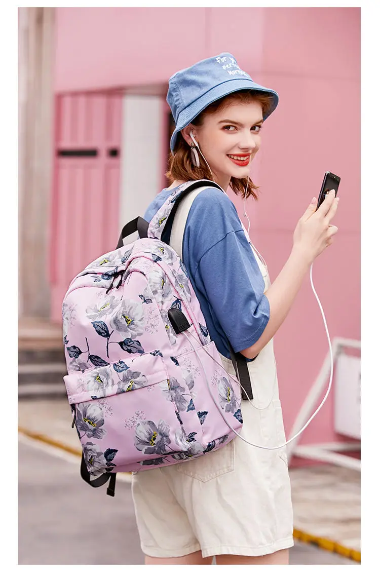 Nylon School Backpacks for Women Bags Ladies Backpack Fashion Designer Female Laptop Backpack Flower Print Teen Girls Book Bags